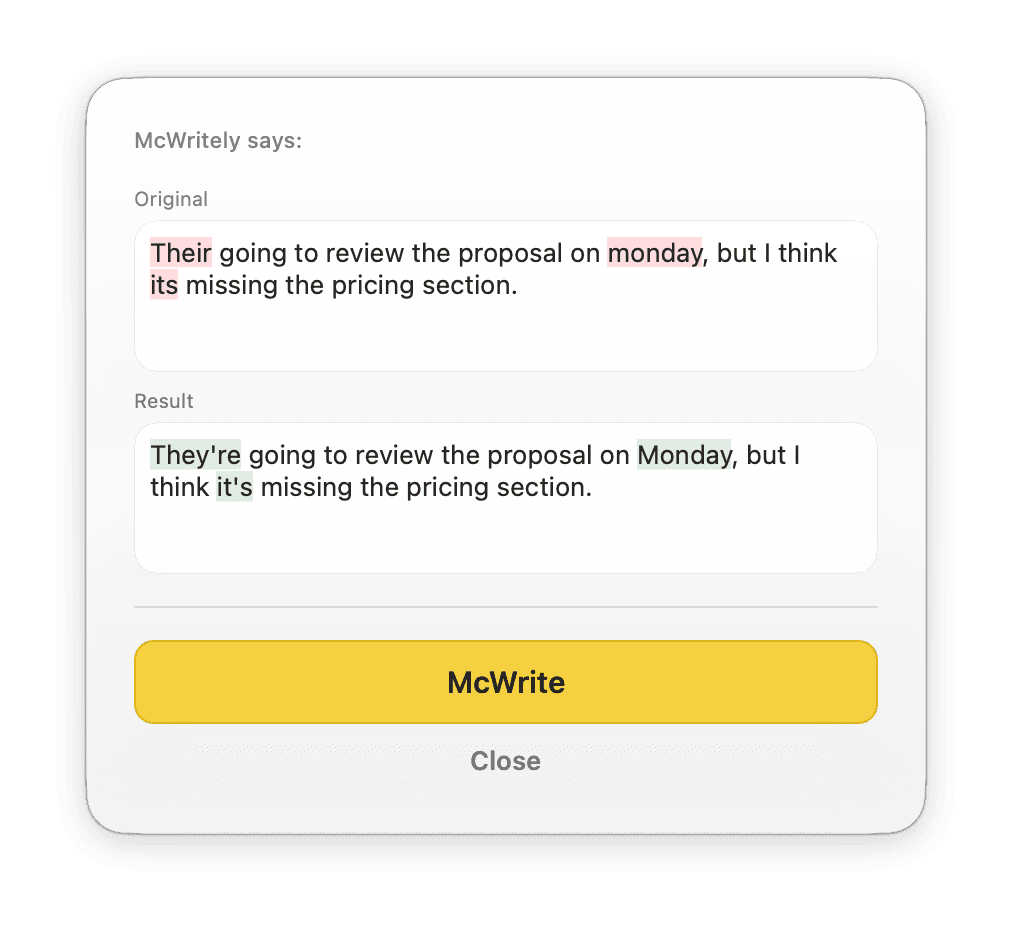 McWritely Show Changes panel with Original and Result sections highlighting grammar fixes