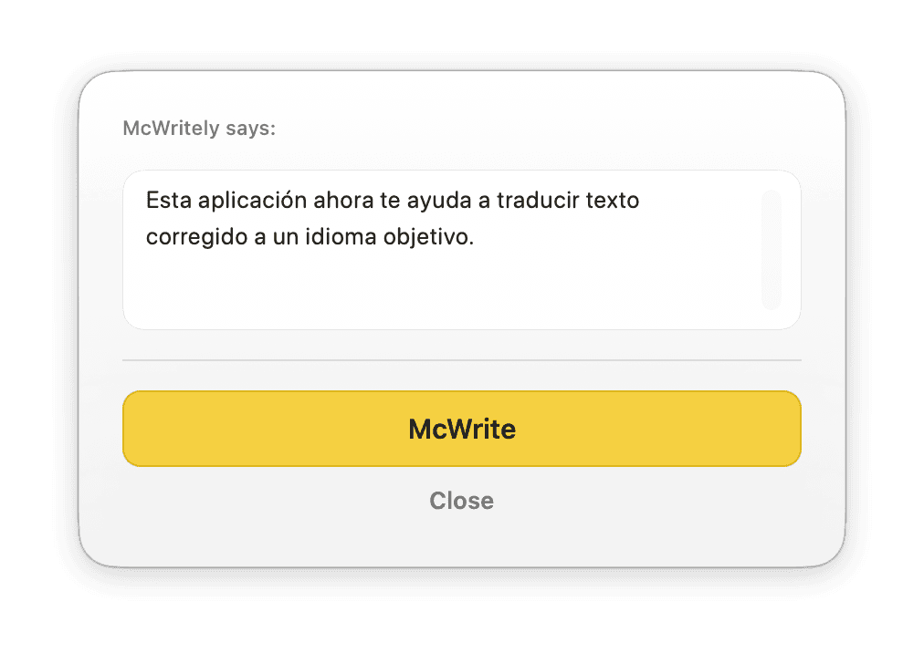 McWritely translation result panel showing corrected Spanish text ready to apply